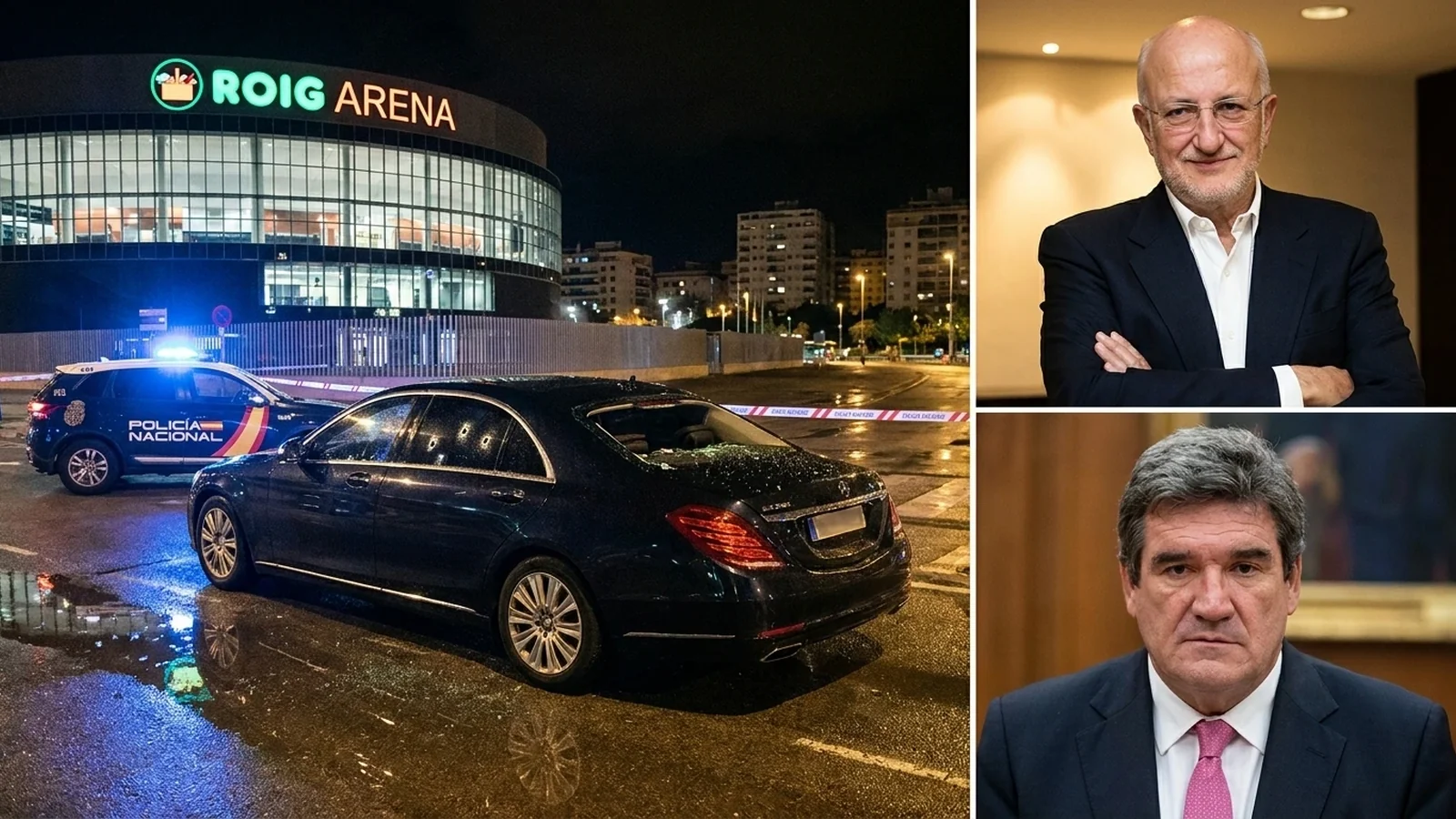 El coche de Juan Roig junto al Roig Arena tras los disparos. A la derecha: Juan Roig, presidente de Mercadona, y José Luis Escrivá, gobernador del Banco de España.
